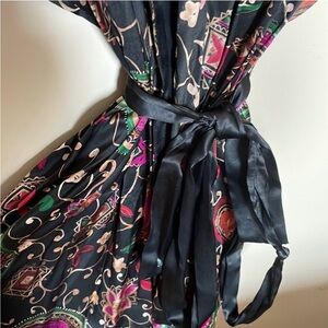 Silx by August Silk Black Floral Print Satin Robe with Multicolor Accents